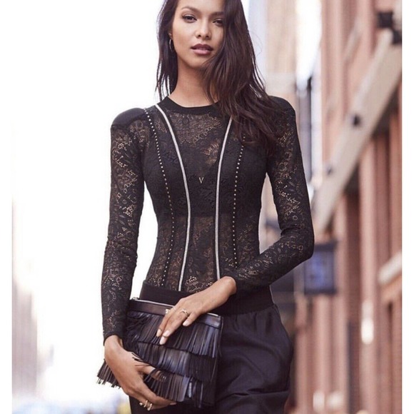 Victoria's Secret Tops - Victoria’s Secret NWT size medium black lace studded bodysuit